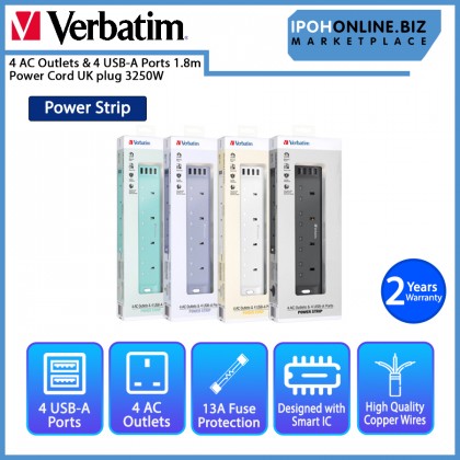 Verbatim 4 AC Outlets & 4 USB A Ports Power Strip 1.8m Power Cord UK plug 3250W
